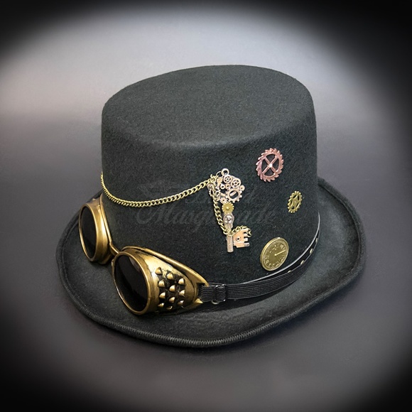 Steampunk Top Hat Goggles Chains and Gears Detail - Picture 4 of 4